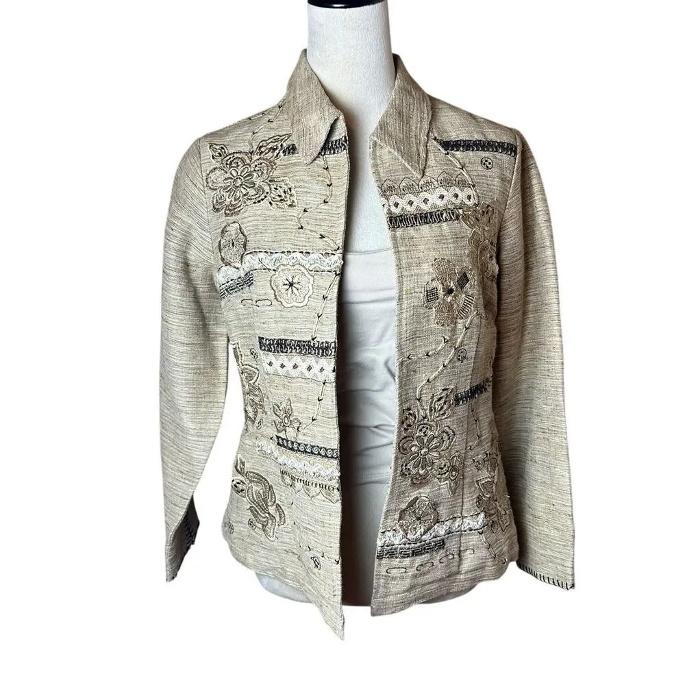 Coldwater Creek Embroidered Linen‎ Blend Jacket Petite PXS | NWT Coastal Grandma